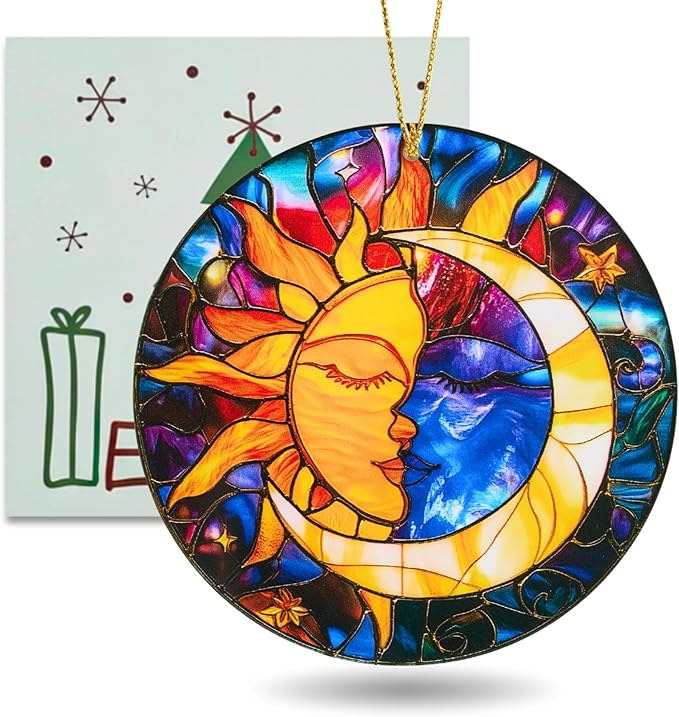 Sun and Moon Christmas Ornaments Decorative Ornament Round Acrylic Stained Glass Effect Window Hanging for Celestial Decor Moon Decor Sun Decor Sun, Hanging Tree Thanksgiving Gifts