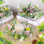 6 Pcs 9" Small Summer Wreath for Kitchen Cabinet Floral Candle Rings Wreaths Wildflower Wreath with Ribbon for Pillars Front Door Porch Wall Window Farmhouse Party Home Indoor Decor