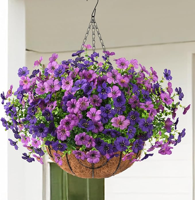 Artificial Faux Hanging Baskets Flowers Plants for Outdoor Spring Decoration, Fake Silk Daisy Outside Indoor UV Resistant Look Real Yard Patio Front Porch Garden Balcony Home Decor(Double Purple)