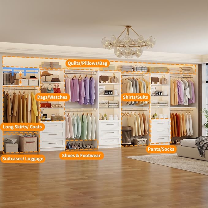 Closet System with 9 Drawers, 11.5-18FT Closet Organizer System with Cuttable Shelves for Walk in Closet with 9 Expandable Hanging Rods, Heavy Duty Built-in Closet for Bedroom, White(3 Sets)