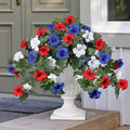 HyeFlora Artificial Flowers for Outdoors 2PCS Spring Faux Morning Glory Look Real Silk Flowers for Outside Planter UV Resistant Fake Flowers for Home Garden Balcony Yard Porch Deco (RedBlueWhite)