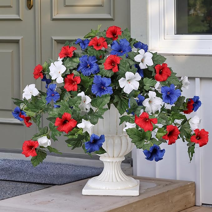 HyeFlora Artificial Flowers for Outdoors 2PCS Spring Faux Morning Glory Look Real Silk Flowers for Outside Planter UV Resistant Fake Flowers for Home Garden Balcony Yard Porch Deco (RedBlueWhite)