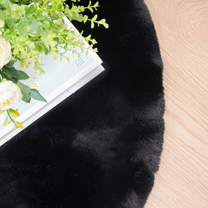 Black Round Rugs 8ft Machine Washable Rabbit Fur Area Rug Large Circle Rugs for Bedroom Faux Sheepskin Rug Cushion Living Room Décor