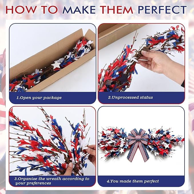 4th of July Patriotic Swag Red White and Blue Memorial Day Front Door Floral Twigs Swag with Forsythia Flowers Stars Independence Day 250th Anniversary Veterans Day Decor for Arch Wall Home Decor