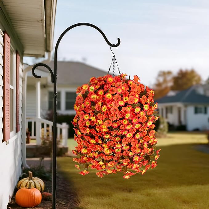 Artificial Flowers Plants with Hanging Basket, Fake Realistic Silk Morning Glory Petunia Long Vines, Faux Flower Arrangement for Outdoor Garden Patio Decor, OrangeYellow