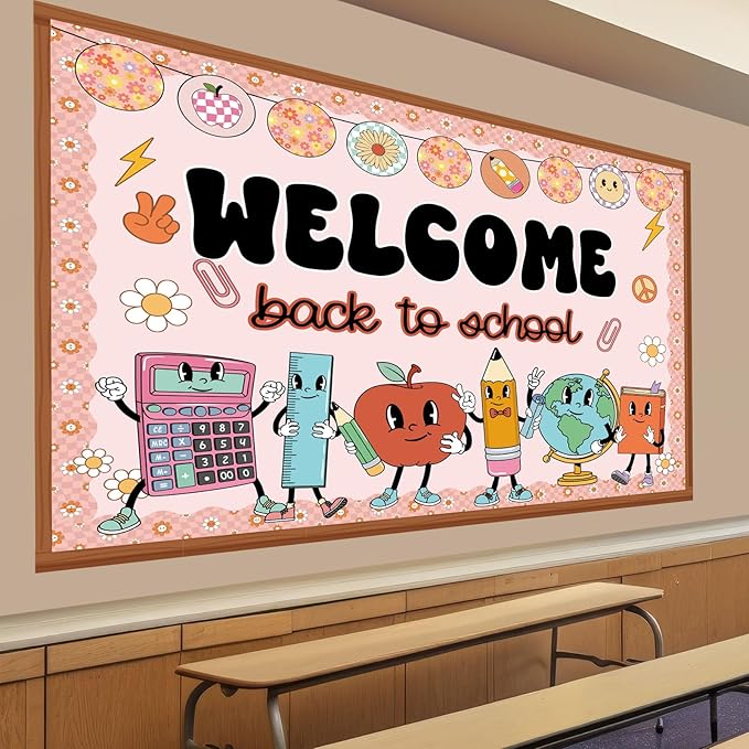 Pajean Welcome Back to School Bulletin Board Set Hippie Retro Classroom Decorations Cute Stationery Apple Cutouts with Groovy Daisy Borders for First Day of School Library Decor Office Supplies