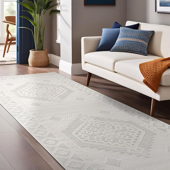 Modern Micro Loop Indoor Runner Rugs for Living Room Bedroom Kitchen Geometric Trellis White 2x7 Luxury Durable Low and High Pile Non-Shedding Stain Resistant Soft Area Carpet 2 x 7