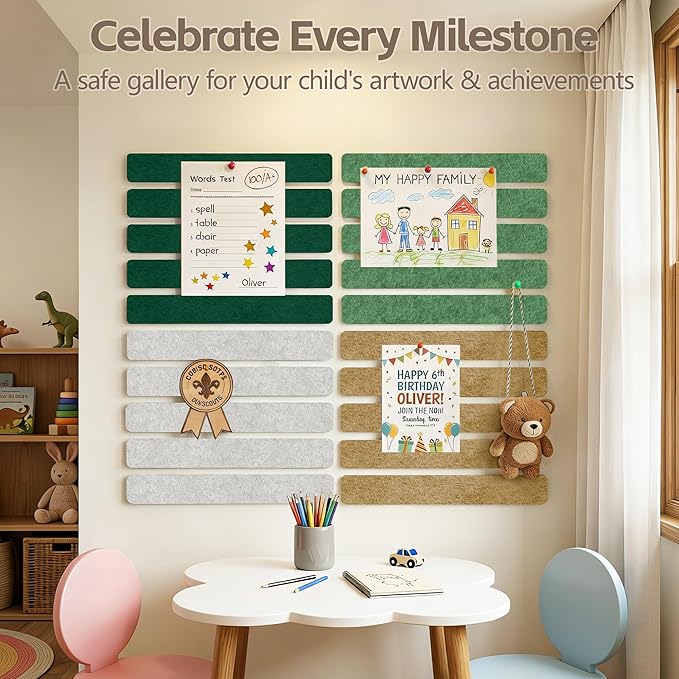 Cork Board for Walls - 8 Pack Felt Pin Board Bar Strips - Self-Adhesive Lightweight Bulletin Board - Cork Board for Office with 40 Push Pins No Damage for Wall