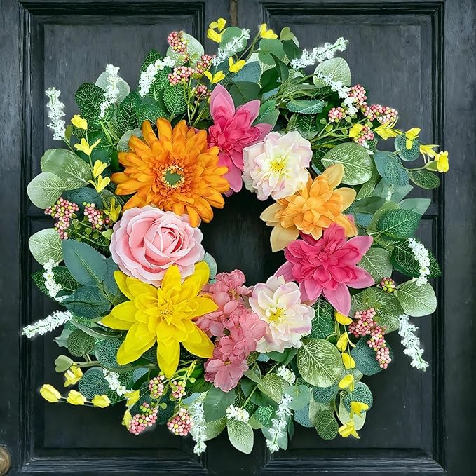 Spring Wreaths for Front Door 24 Inch,Outdoor Front Door Wreath with Florals Peony & Rose, Artificial Spring Summer Wreath for Porch Garden Wall Window Farmhouse Indoor Outdoor Home Decor