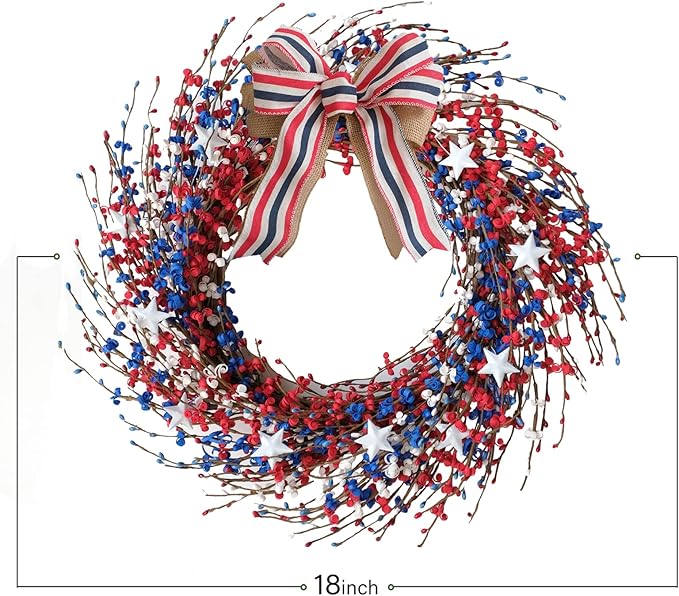 Idyllic 18 Inch Patriotic red White Blue Berries Leaves Wreath for Front Door, Memorial Day Burlap Bow Wreath for Home Decor, Independence Day Forth of July for Indoor and Outdoor
