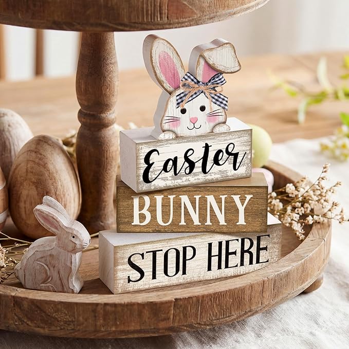 Moucuny 4 Pcs Easter Bunny Table Decoration Stacked Wooden Bunny Block Decor 3-tier Tabletop Sign with 3D Rabbit, Rustic Farmhouse Easter Decorations for Home Egg Hunt Party Centerpiece Gift