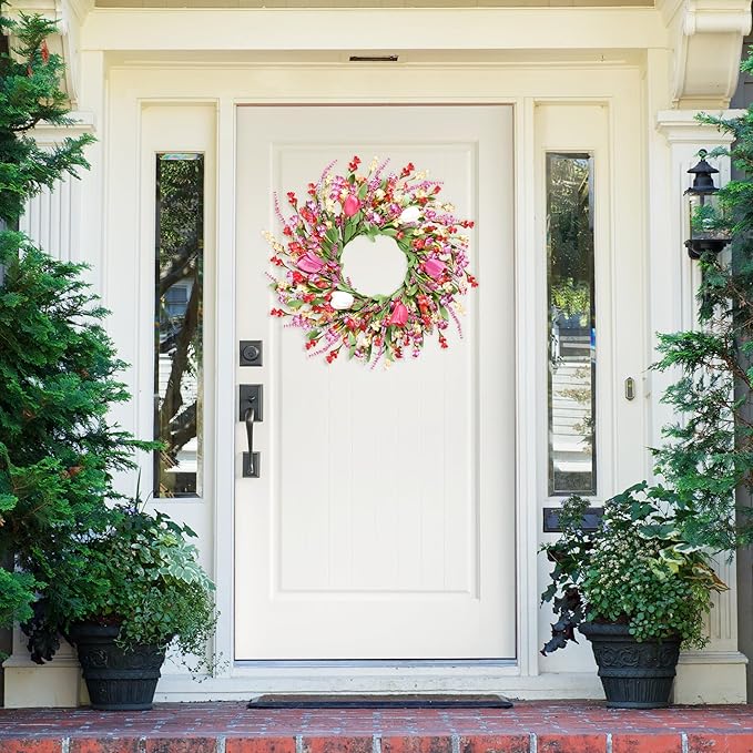 Sggvecsy Spring Summer Wreath for Front Door 22 Inch Artificial Colorful Flower Wreath with Colorful Tulips Greenery Leaves Lavender for All Seasons Home Farmhouse Indoor Outdoor Wall Decor (Mixed)