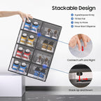 eWonLife X-Large Shoe Boxes with Magnetic Door, 12-Pack Stackable Shoes Storage Organizer for Closet, Clear Plastic Sneaker Container Shoe Rack for Size 12, Black