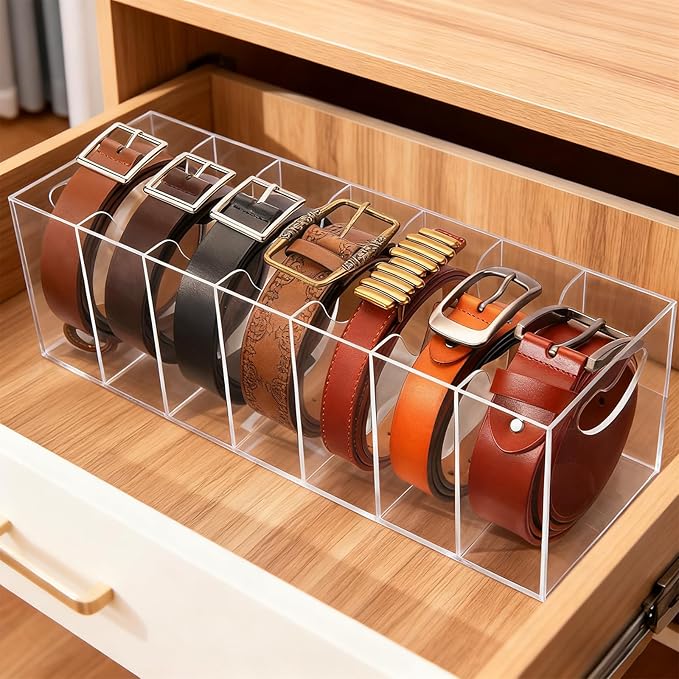 Belt Organizer - 7 Compartment Acrylic Belt Display Case for Closet Ties and Bow Ties