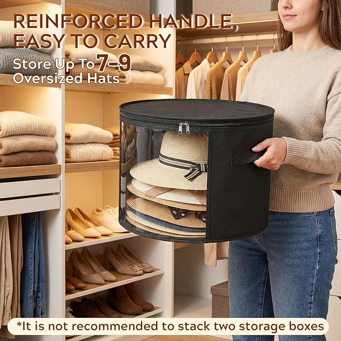 Ofiray-home 2 Pack Large Clear Hat Storage Boxes, Hold up to 7-9 Hats, Hat Organizer for Closet, Durable & Foldable, Hat Box with Carrying Handles for Round Brim, Wide-Brim, Cowboy, Sun Hat (Black)