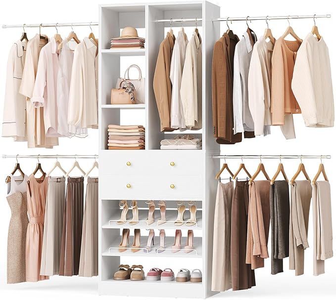 Closet System, 4.2–8.8 FT Closet Organizer with 2 Wooden Drawers and Shelves, Walk-in Closet System with 5 Hang Rods, Built-in Reach in Closet Tower, Can Fit 60 to 96 inch, White
