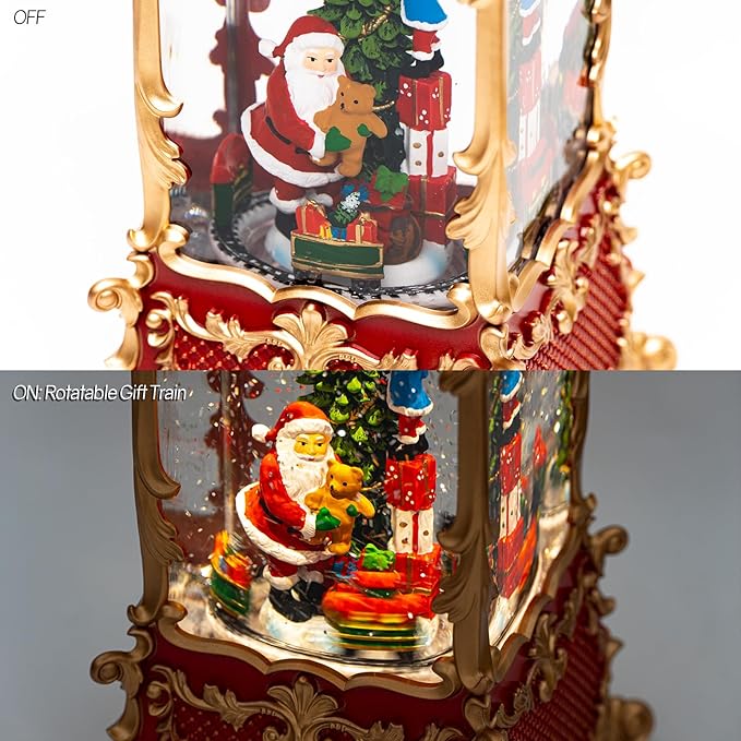 14" Christmas Snow Globe Lantern with Santa Claus - Swirling Glitter LED Light Musical Water Lantern with Rotatable Interior - Vintage Xmas Gifts - USB Plug or Battery Operated Home Decor (Palace Red)