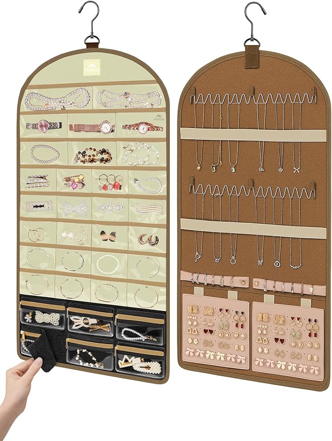 MATEIN Over the Door Jewelry Organizer with Travel Pouch, Double-Sided Hanging Necklace Earring Holder with Pockets, Large Jewelry Storage for Rings Bracelets, Beige-Brown