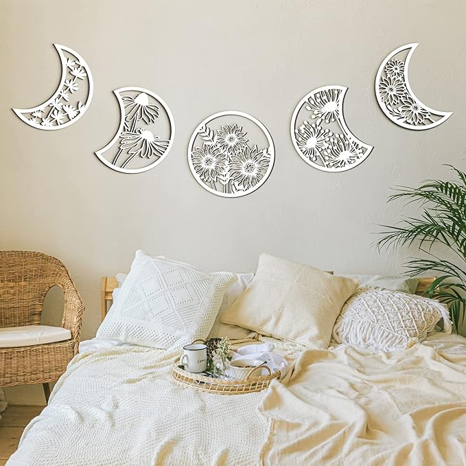 Jetec 5 Pcs Moon Phase Wall Art Decor Wall Pediments Hanging Wooden Phase Spiritual Bedroom Nordic Boho Lunar Aesthetic Art for Living Room Dorm Apartment Ornament(White)