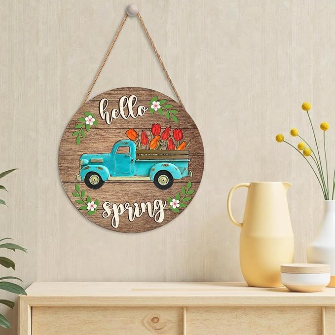 Harooni Hello Spring Blue Truck Welcome Sign for Front Door Spring Summer Wreaths for Front Door Tulip Flowers Pickup Wood Wreath Rustic Farmhouse Door Hanging Sign for Indoor Outdoor Decor 12 Inch