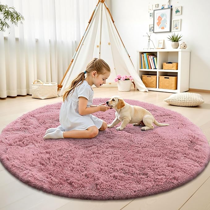 OLANLY Pale Pink Round Rugs for Bedroom - Machine Washable, 5 ft Circle Area Rugs for Living Room, Soft and Fluffy Shaggy Carpet for Teen Girls and Boys, Nursery Rooms, Dorms, Home Decor Aesthetic