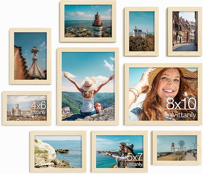 Vittanly Picture Frames Set of 10, Picture Frames Collage Wall Decor with Two 8x10, Four 5x7, and Four 4x6 Photo Frames, Gallery Wall Frame Set for Wall or Tabletop Display, Natural