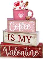 Lineshading 4 Pcs Valentine's Day Table Decor Wooden Cocoa Decoration Centerpiece Pink Heart Tiered Tray Decor Love Block Signs Gift Farmhouse Decoration for Valentine's Day Home Kitchen