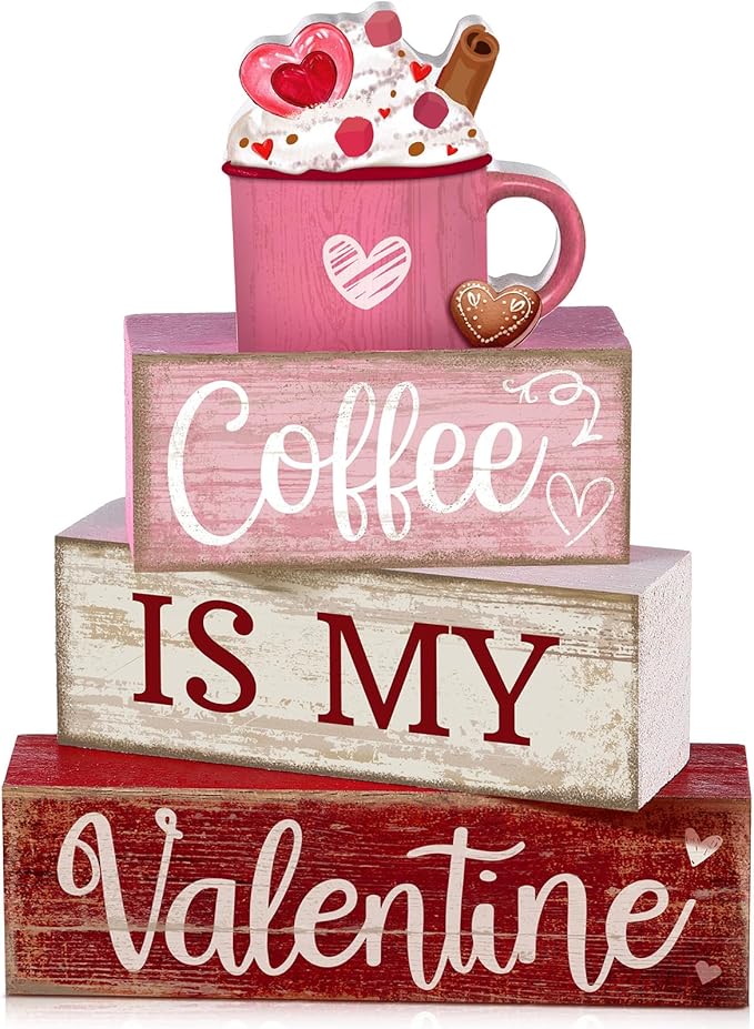 Lineshading 4 Pcs Valentine's Day Table Decor Wooden Cocoa Decoration Centerpiece Pink Heart Tiered Tray Decor Love Block Signs Gift Farmhouse Decoration for Valentine's Day Home Kitchen