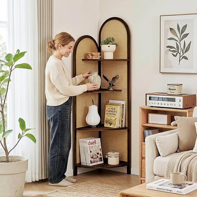 4 Tier Farmhouse Corner Shelf, 70" Tall Pine Wood and Rattan Corner Bookshelf for Small Spaces, Freestanding Display Shelf for Living Room, Bedroom, Bathroom, Kitchen, Brown