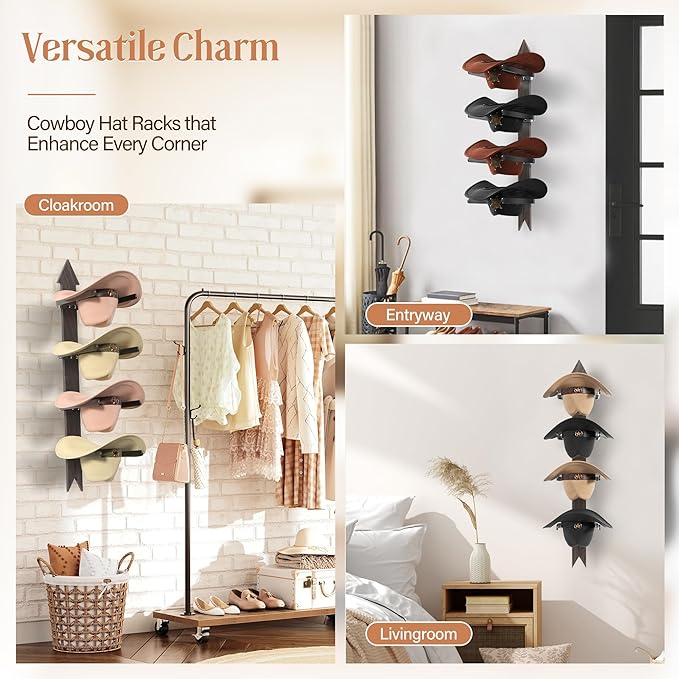 Cowboy Hat Rack for Wall, Cowboy Hat Holder Wall Mount Holds up to 4 Hats, Wooden Western Rustic Metal Hat Hanger with Arrow Sign Board, Hat Organizer for Western Hat, Fedora, Sun Hats (1 pack)