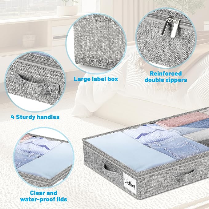 4 Inch Low Profile Under Bed Storage Drawer 4 Pack, Lightweight Underbed Clothes Storage Container Bins with NO STURCTURE, Shallow Storage Bag for Dorm & Home, With Clear Lids & Water-Resistant Fabric