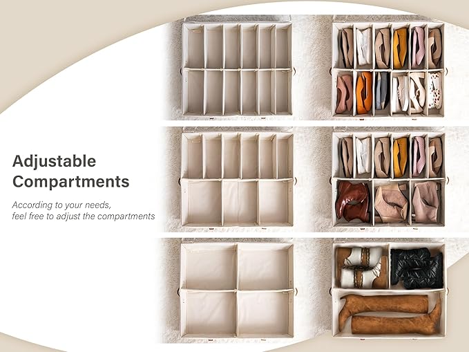 StorageWorks Shoe Organizer for Closet, Fits up to 24 Pairs, 2-Pack Ultra-thick Fabric Under Bed Shoe Storage Containers with Bottom Support and Adjustable Dividers, Beige