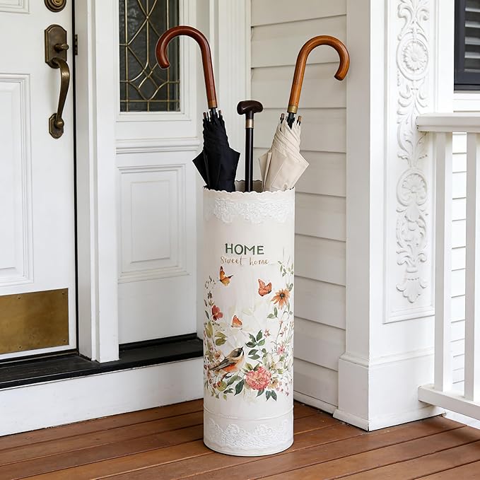 Vintage Metal Round Umbrella Holder Decorative Flower Design Umbrella Stands Entryway Organizer Bucket for Home/Office/Farmhouse - Holds Multiple Umbrellas, Walking Sticks & Canes Flower Pink