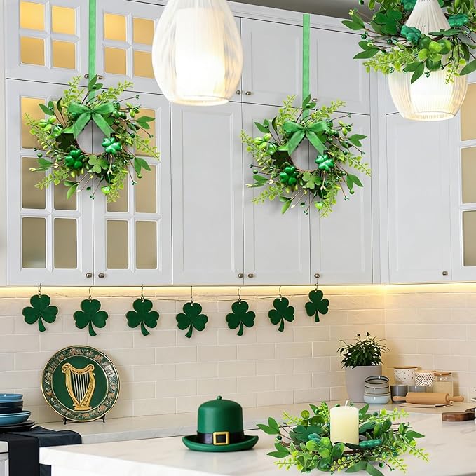 6 PCS Mini St. Patrick's Day Glitter Shamrocks Wreath for Front Door St. Patrick's Day Kitchen Cabinet Wreaths Decorations with Ribbon Small Lucky Green Irish Clover Berry Wreath for Porch Wall Window