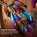 Dream Catcher Native American Boho Dreamcatcher Rattan Wall Decor, Handmade Natural Peacock Feathers Purple Colorful Beaded Hanging Ornament Indian Decor for Girls Bedroom(Purple Peacock Feather)