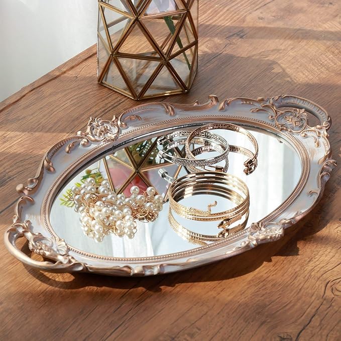 Polyresin Ellipse Antique Decorative Mirror Tray, Makeup Organizer, Jewelry Organizer, Serving Tray, 9.8”x 14.6”, Golden Gray