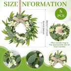 8 Pcs Small Eucalyptus Wreaths Spring Summer Artificial Green Wreath with White Berries Mini Green Kitchen Cabinet Wreaths with Ribbon for Front Door Porch Wall Window Farmhouse Decoration
