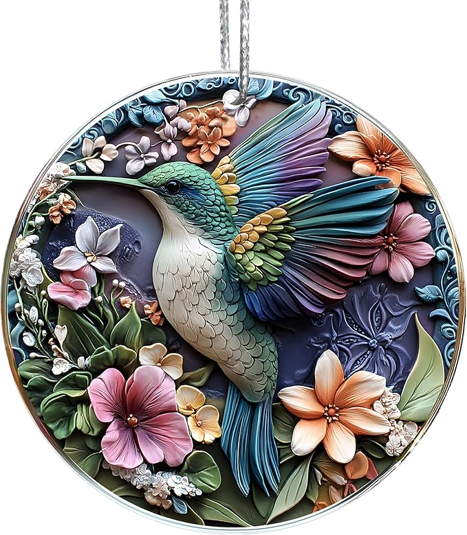 Jabihome Christmas Ornaments 2025, Exchange for Women, Men, Collectible Dated Year Ornaments for Tree, Unique Acrylic Suncatcher, Printed Stained Glass Effect Decor (Floral Hummingbird)