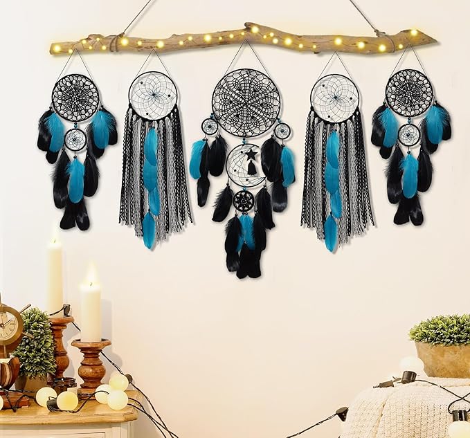 5 Pack Black Teal Dream Catchers Wall Decor Moon and Sun Feather Handmade Traditional Dreamcatchers Large Boho Macrame Wall Hanging for Bedroom Adult Native American Decor Bohemian Decorations