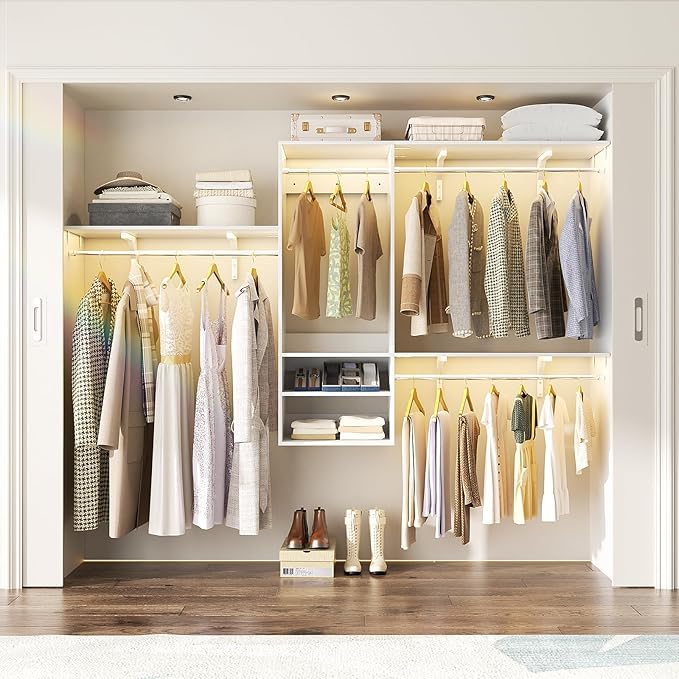 8FT Hanging Closet System, 96 Inch Closet Organizer System with Hanging Rod, Walk In Mounted Closet System, Built-In Clothes Garment Rack with 3 Shelving Towers(Can Be Cut To Fit), White