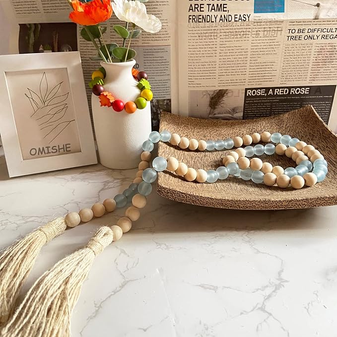 OMISHE Wood Bead Garland with Tassels 52 Inches, Handmade Wooden Beads with Round Acrylic Beads, Boho Farmhouse Wooden Decorative Beads for Home Tiered Tray Beach Decor, Light Blue