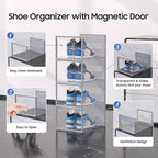 eWonLife Large Shoe Organizer Storage Box with Magnetic Door,12 Pack Clear Plastic Stackable Sneaker Containers for Closet, Connect Left and Right Shoe Box for Entryway, Drop Front, Under Bed (Grey)