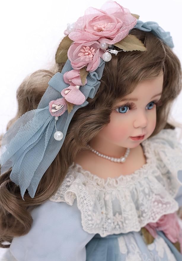18 Inch Kawaii Porcelain ＆ Fabric Doll Cute European Retro Handmade Ceramic Doll with Showing Stand for Room Decor, Birthday Gifts, Collectible ，Name Olivier (Blue)