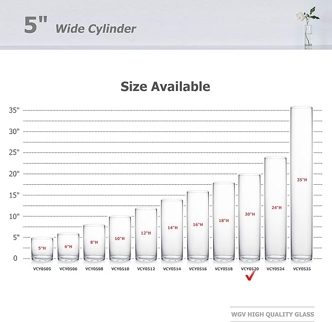 WGV Cylinder Vase Bulk, Diameter 5", Height 20", Clear Glass Floral Planter Container, Tall Centerpiece Arrangement for Wedding Party Event Home Office Decor, 6 Pieces