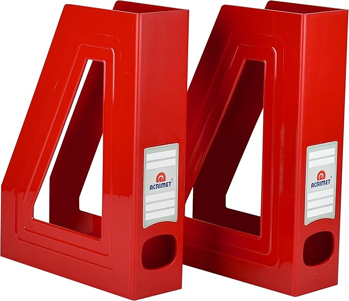 Acrimet Magazine File Holder Bin Storage, Vertical Rack for Documents, Folders and Mail, Durable Plastic Desk Organizer for Office & Home (Solid Red Color) (2 Pack)