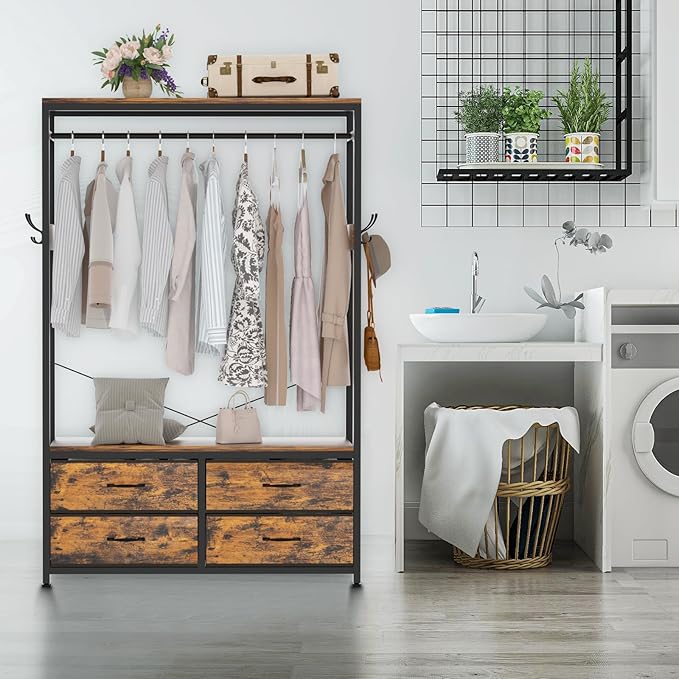 Freestanding Clothes Rack, Garment Holder for Hanging, Heavy Duty Closet Organizer with 4 Drawers, 4 Hooks and Shelves, Wardrobe Storage for Bedroom, Living Room
