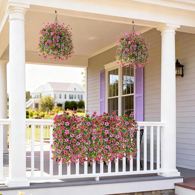 Artificial Hanging Flowers for Outdoors, 2 Pcs Fake Hanging Plant Spring Summer Decoration, UV Resistant No Fade Faux Flower for Porch Patio Yard Window Home Decor(Light Purple Red)
