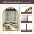 24x36 Inch Arched Wall Mirror with Bold Antique Gold Beaded Frame, Decorative Vintage Mirror for Living Room, Entryway or Fireplace Mantel, Bathroom Wall Decor Mirror