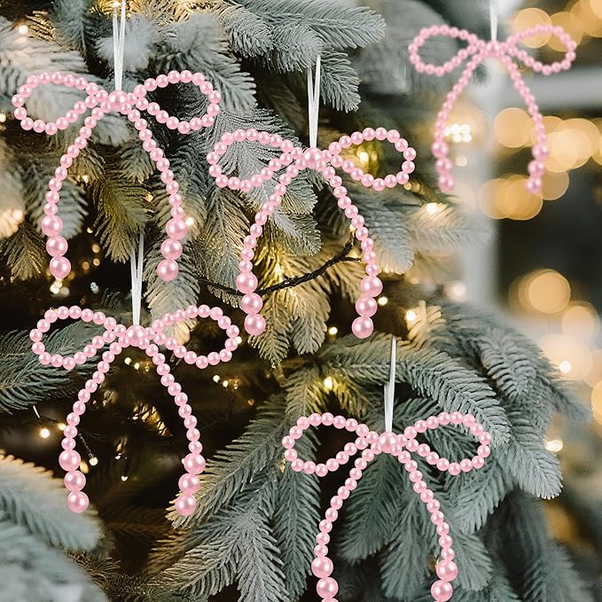 VioraWhite 12 Pcs Pearl Bow Ornaments Bowknot Tree Topper Decor Hanging Ornament Pendant Gift for Wedding Birthday Party Indoor Decoration (Pink)