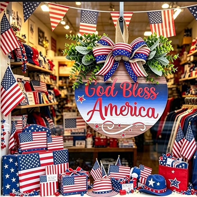 Memorial Day & 4th of July Patriotic Wreath, 12" Wooden Decor with Artificial Flowers, USA 250th Anniversary Sign for Front Door, Garden, Patios, Windows Decor (Color-Bless)